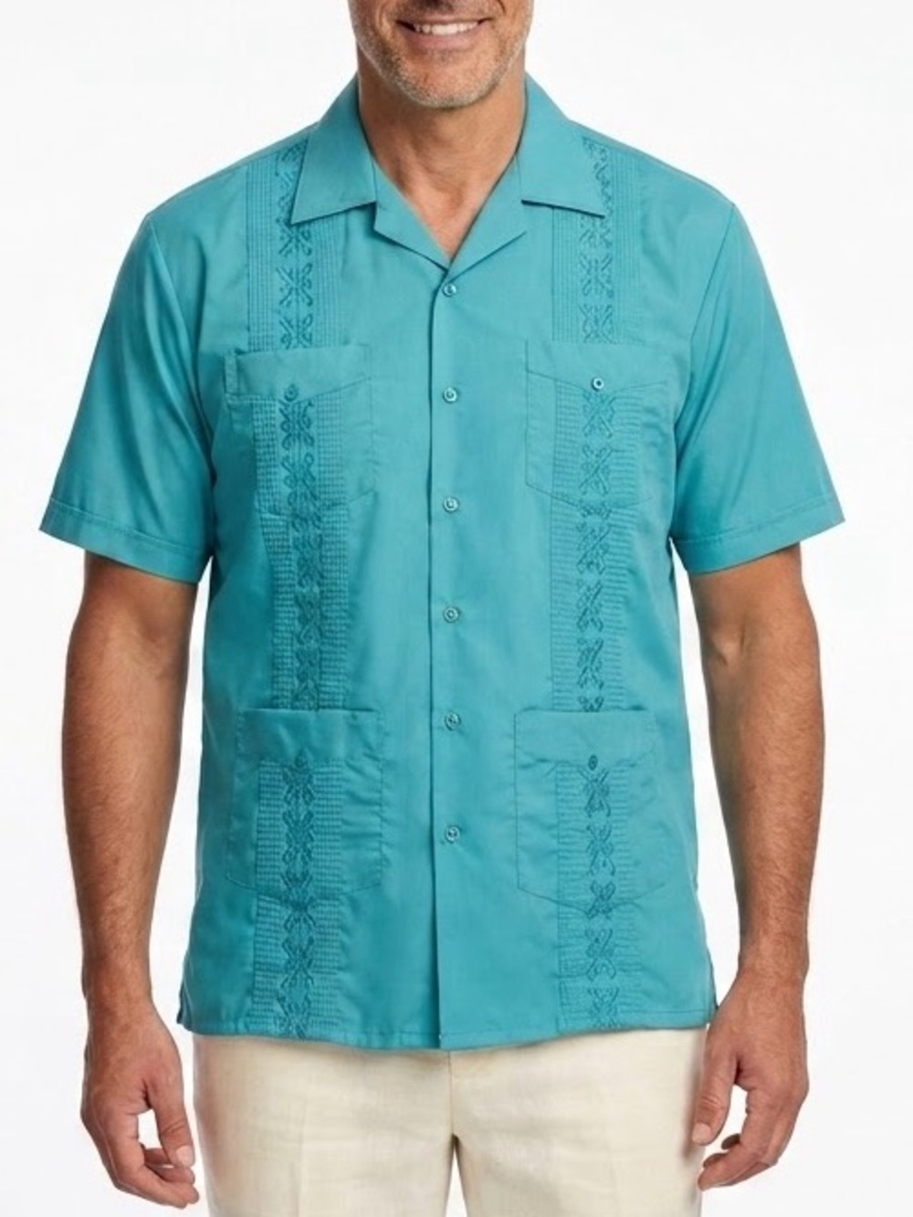 Omega Tux Men’s Casual Button Down Cuban Guayabera Short Sleeve Shirt Blue XL